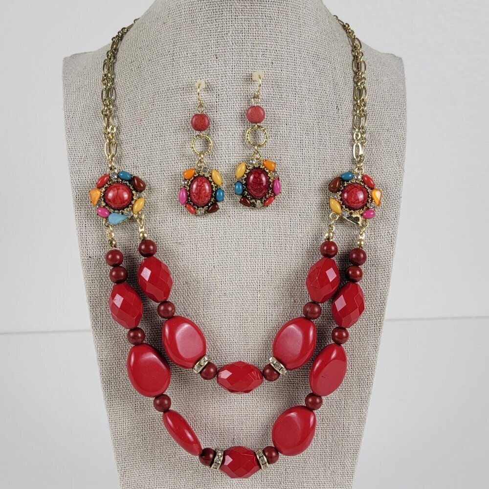 Red Beaded Necklace And Earrings Set Gold -Tone Chunky Colorful 19.5 Inch